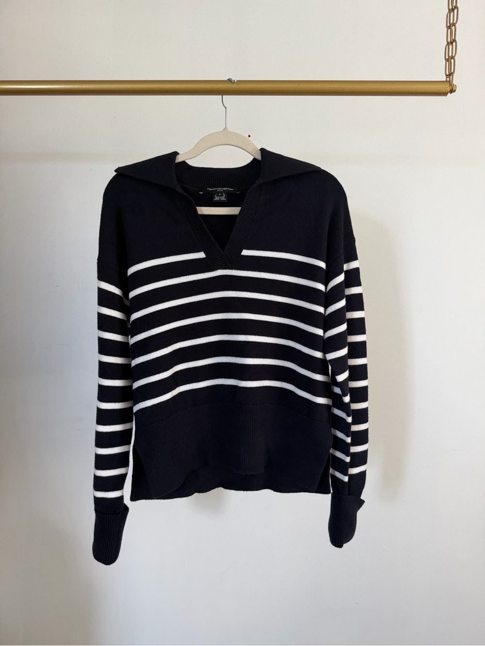 Navy Stripe V-Neck Collared Sweater